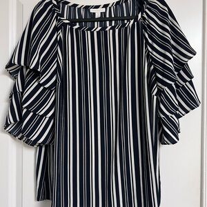 Charter Club Navy & White Vertical Stripe Ruffle Sleeve Blouse